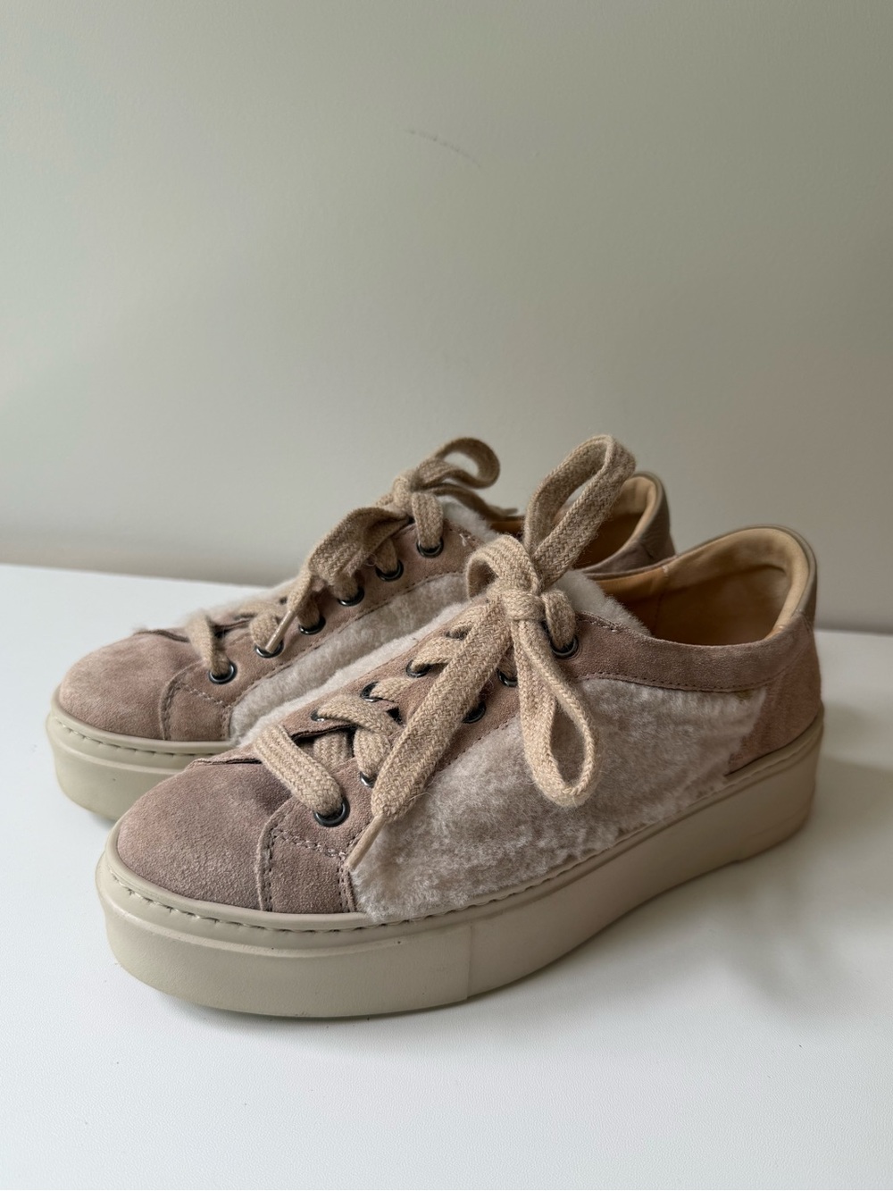 Apostrophe Beige Suede & Shearling Low-Top Sneakers